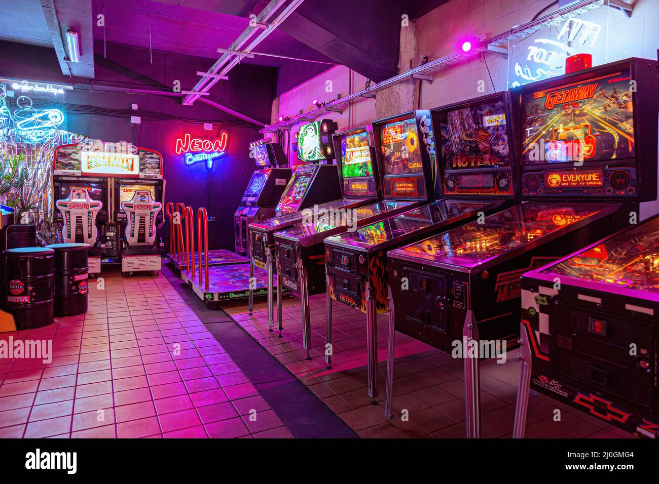 Moscow, Russia - April 29, 2021: Pinball museum. Pinball table close up view of vintage game machine Stock Photo