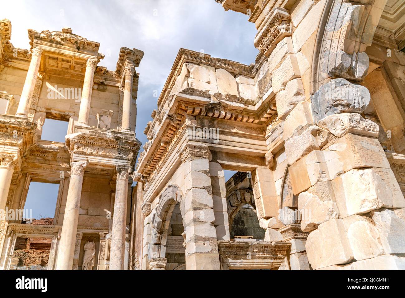 Celcus Celsus Library in Ephesus in Selcuk (Izmir), Turkey. Marble statue is ...