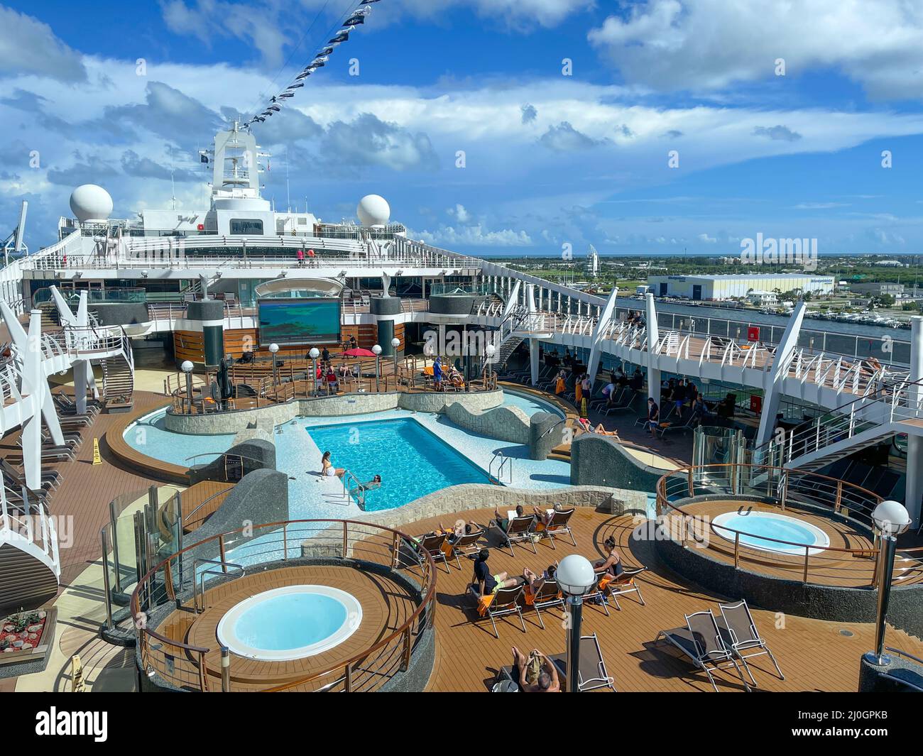 Orlando, FL USA - October 10, 2021:  The main swimming pool area on the MSC Cruise Ship Divina in Port Canaveral, Florida., Stock Photo