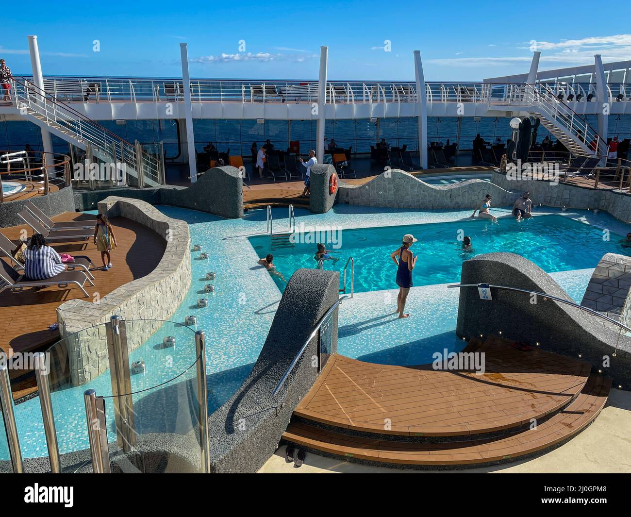 Orlando, FL USA - October 11, 2021:  The main swimming pool area on the MSC Cruise Ship Divina in Port Canaveral, Florida., Stock Photo
