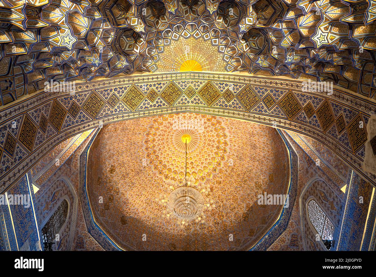 Interior inside the old ancient uzbek tomb - Amir Temur maqbarasi, Goâ€˜ri Amir in Uzbekistan. Stock Photo