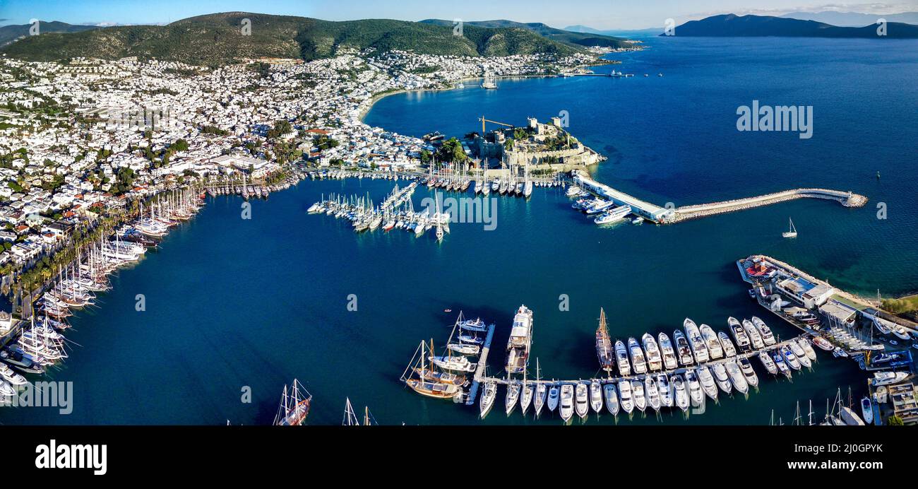 Amazing panoramic view from drone of Bodrum harbour and ancient Kalesi castle Stock Photo