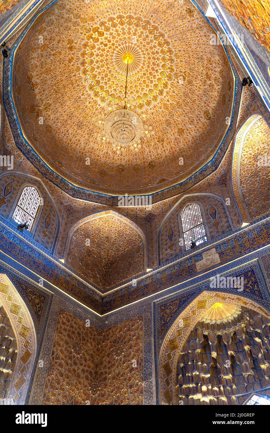 Interior inside the old ancient uzbek tomb - Amir Temur maqbarasi, Goâ€˜ri Amir in Uzbekistan. Stock Photo