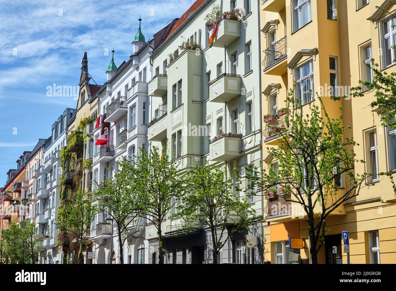 Colorful renovated old apartment buildings seen in Prenzlauer Berg