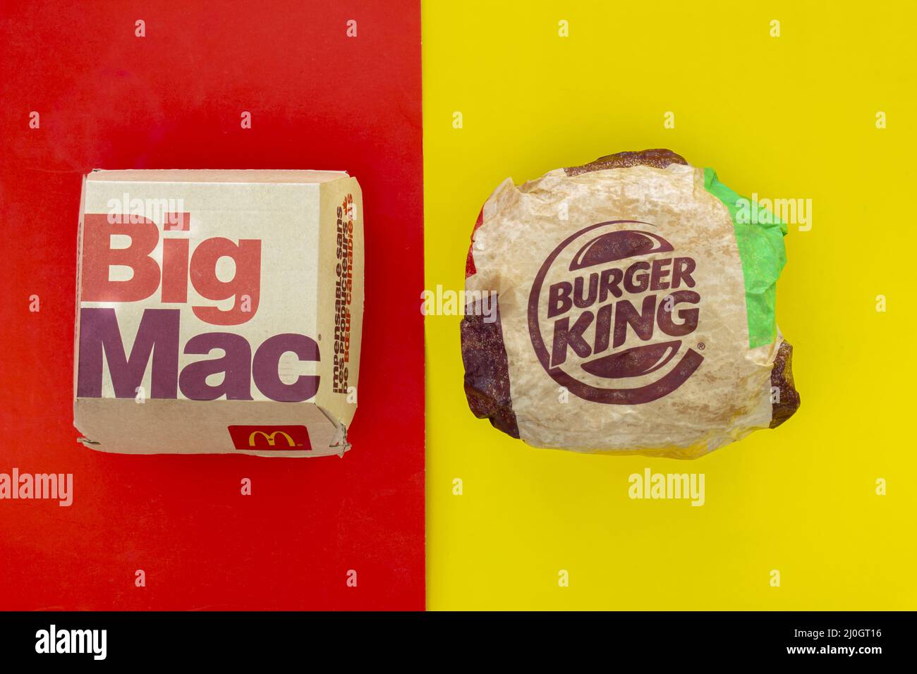 Calgary, Alberta. Canada. May 17, 2021. A Mcdonald's Big Mac and Burger King Whopper hamburgers. Concept: Top Hamburger Companie Stock Photo