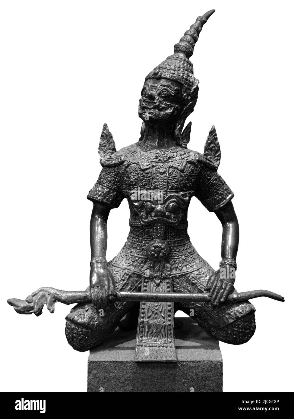 Bronze hanuman statue isolated over white. Hanuman sits in lotus pose with mace Stock Photo