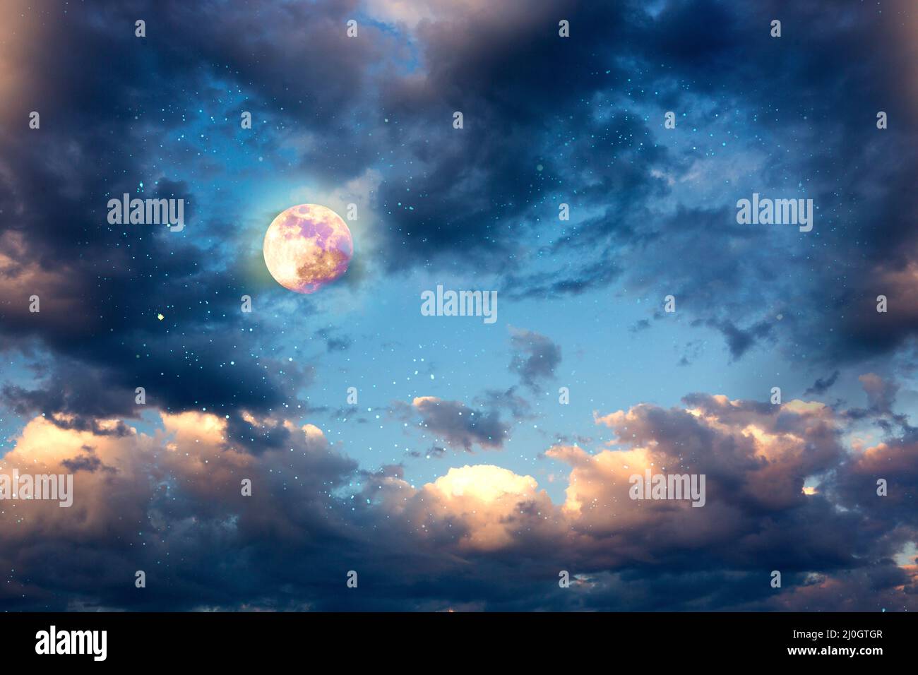 Full moon with stars at dark night sky . Stock Photo