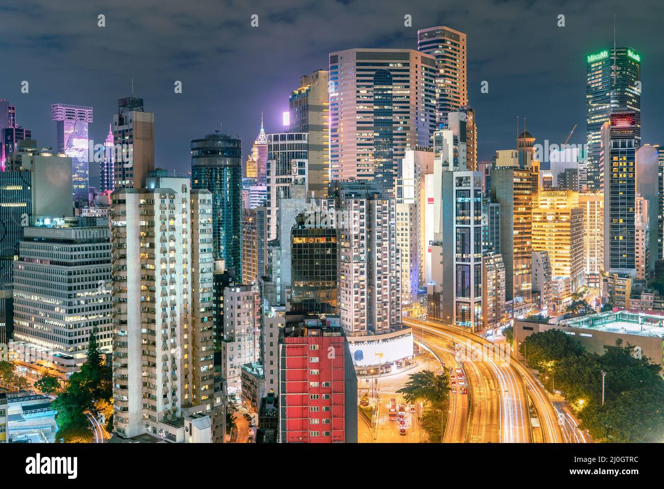 The amazing night and sunset view of cityscape and skyscrapers in Hong-Kong Stock Photo