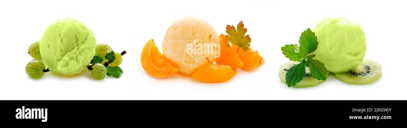 Mixed ice cream with fruits isolated on white background. Stock Photo