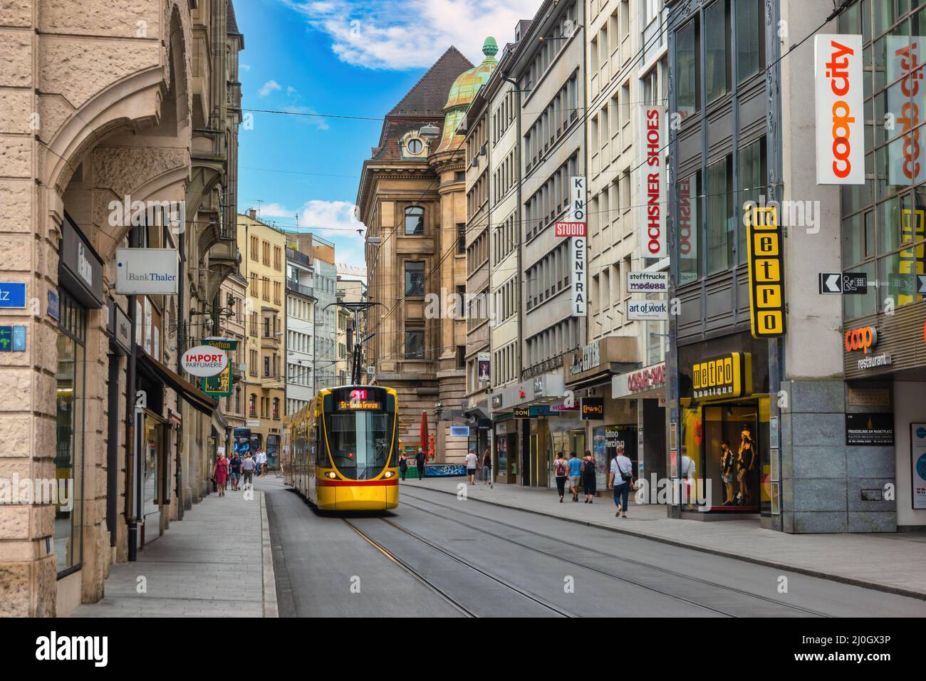 Basel, Switzerland - July 9, 2017: city skyline and tram at Marktplatz Stock Photo
