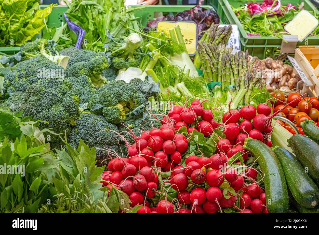Salad and vegetables for sale at a market Stock Photo