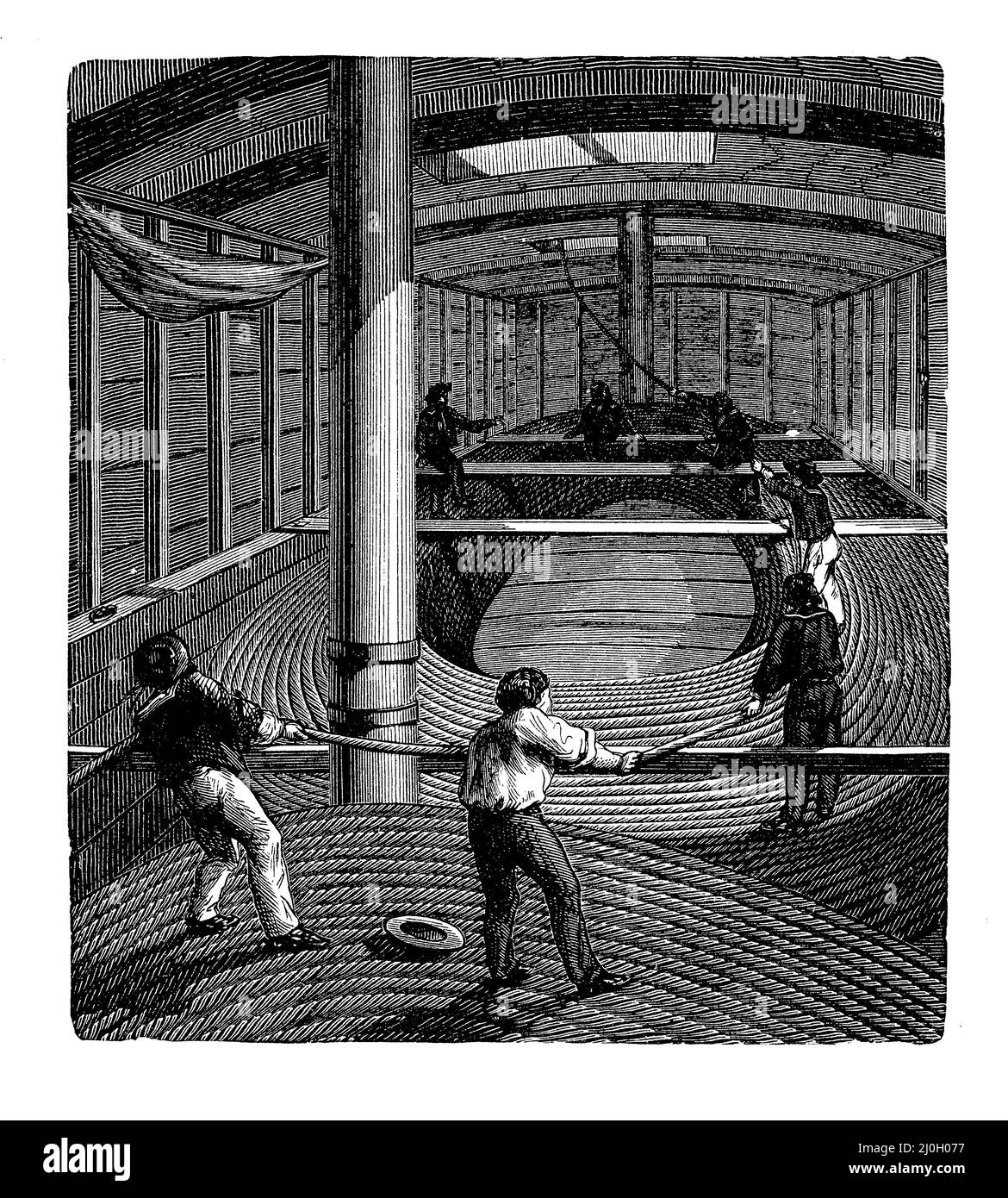 Sailors at work to put in storage long ropes into the freight hold, 19th century illustration Stock Photo