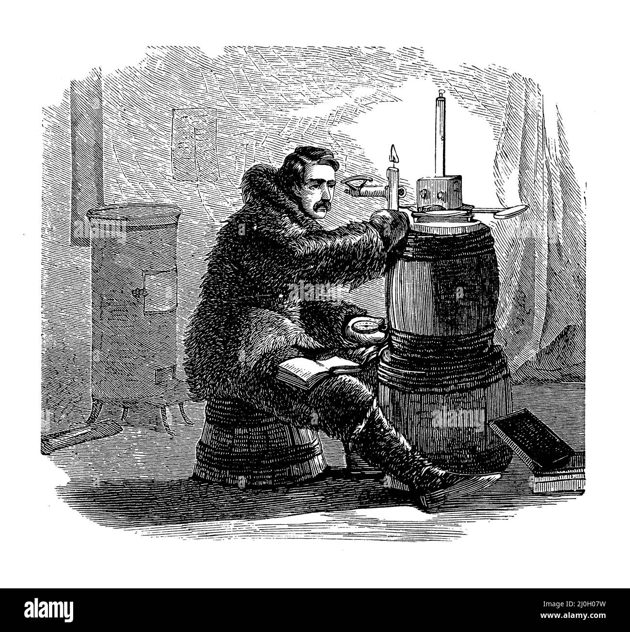 A member of the second Grlnnell Expedition and Arctic exploration in search of Sir John Franklin is working with a magnetometer in a frozen room, year 1853 Stock Photo