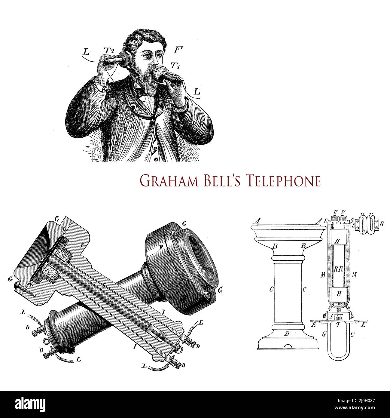 Early telephone patented by Alexander Graham Bell in 1876, the first practical telephone with the use of the telegraph system for the first long-distance calls Stock Photo