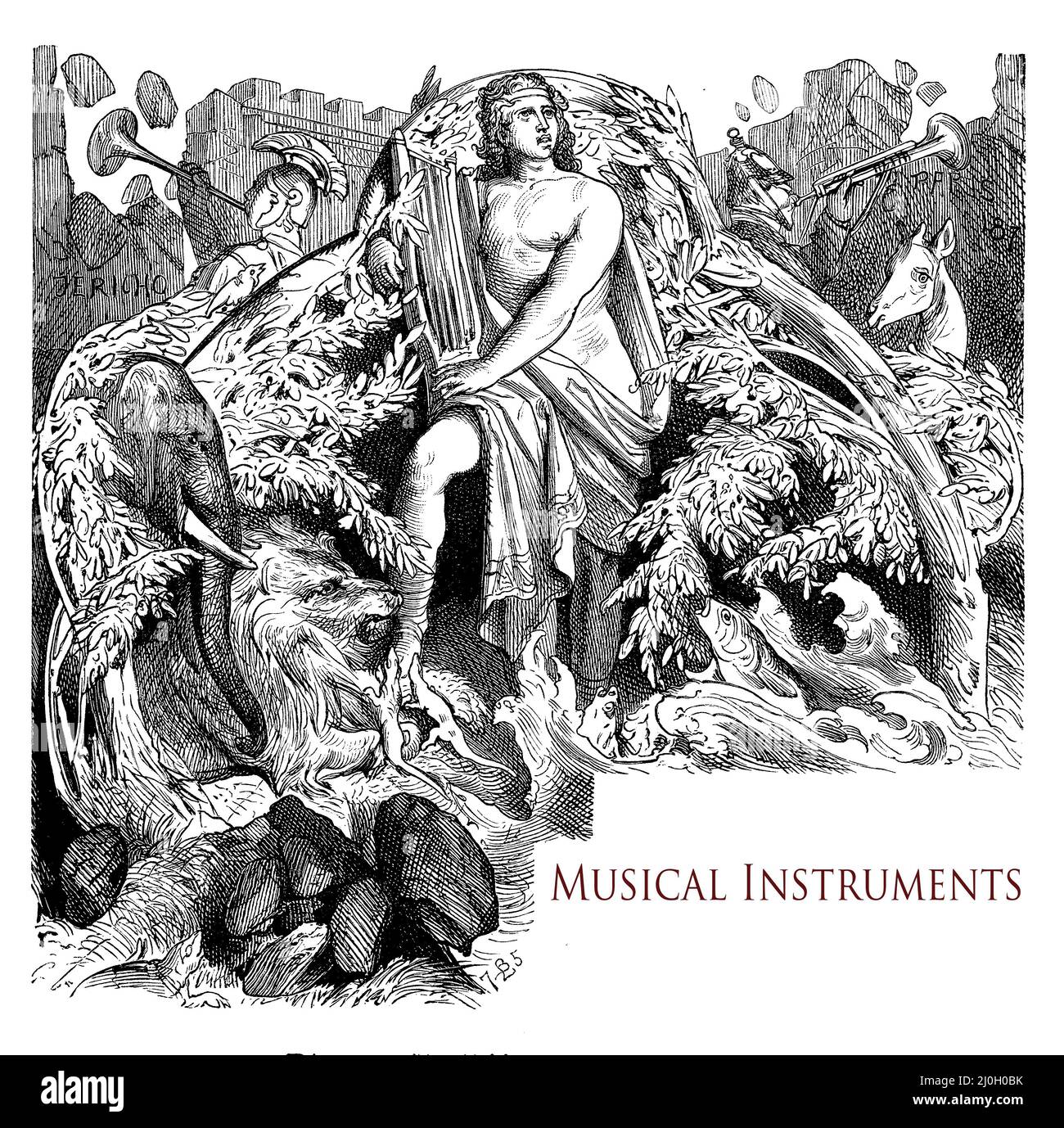 Beautiful typographic front chapter image about musical instruments with mythological Orpheus enchanting animals and nature with the sound of his lyra Stock Photo