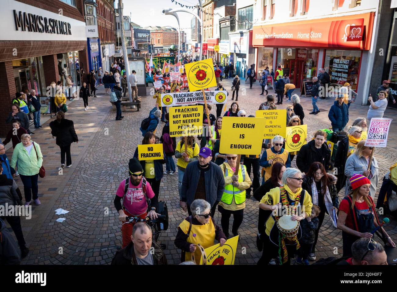 Blackpool, UK. 19th Mar, 2022. Hundreds of people march to protest the Spring Tory Party Conference. Locals and Unions join in unity to make sure the MP's hear that they are not wanted in one of the most deprived towns in the country. This comes after the cost of living crisis is set to make this year one of the most difficult in decades. Credit: Andy Barton/Alamy Live News Stock Photo