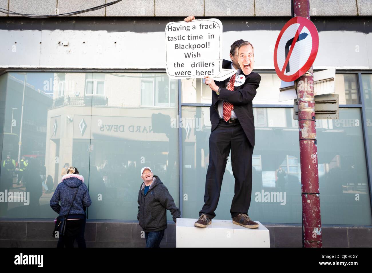 Blackpool, UK. 19th Mar, 2022. A protester with a fracking placard takes part in the march against the Spring Tory Party Conference. Locals and Unions join in unity to make sure the MP's hear that they are not wanted in one of the most deprived towns in the country. This comes after the cost of living crisis is set to make this year one of the most difficult in decades. Credit: Andy Barton/Alamy Live News Stock Photo