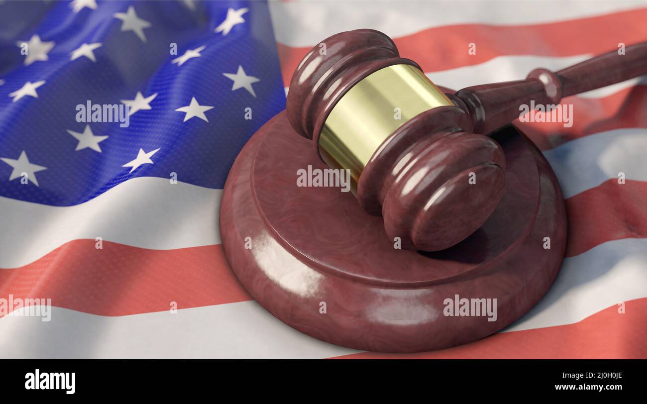 Supreme Court - Judge's gavel lies on the US flag Stock Photo
