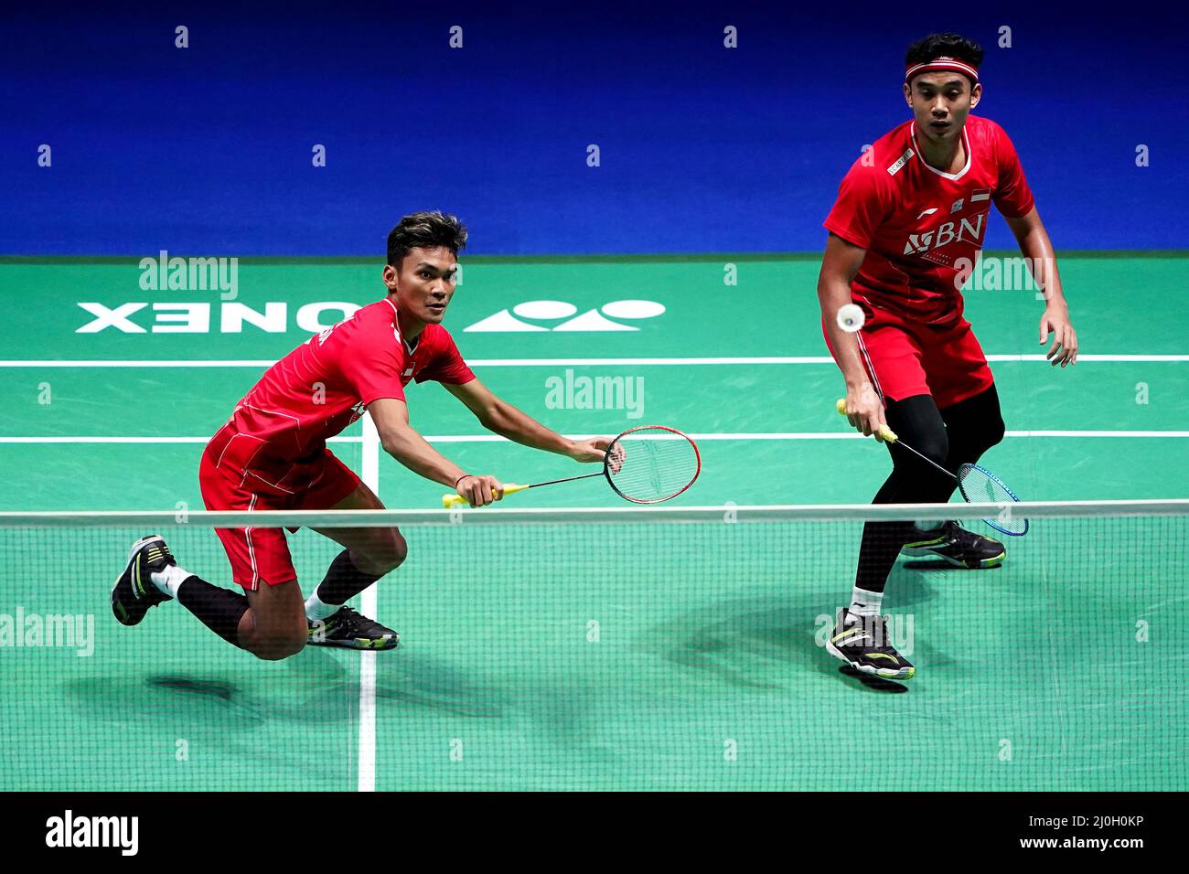 Indonesia's Muhammad Shohubul Fikri and Bagas Maulana (right) in action  against Indonesia's Marcus Fernaldi Gideon and Kevin Sanjaya Sukamuljo (not  pictured) during day four of the YONEX All England Open Badminton  Championships
