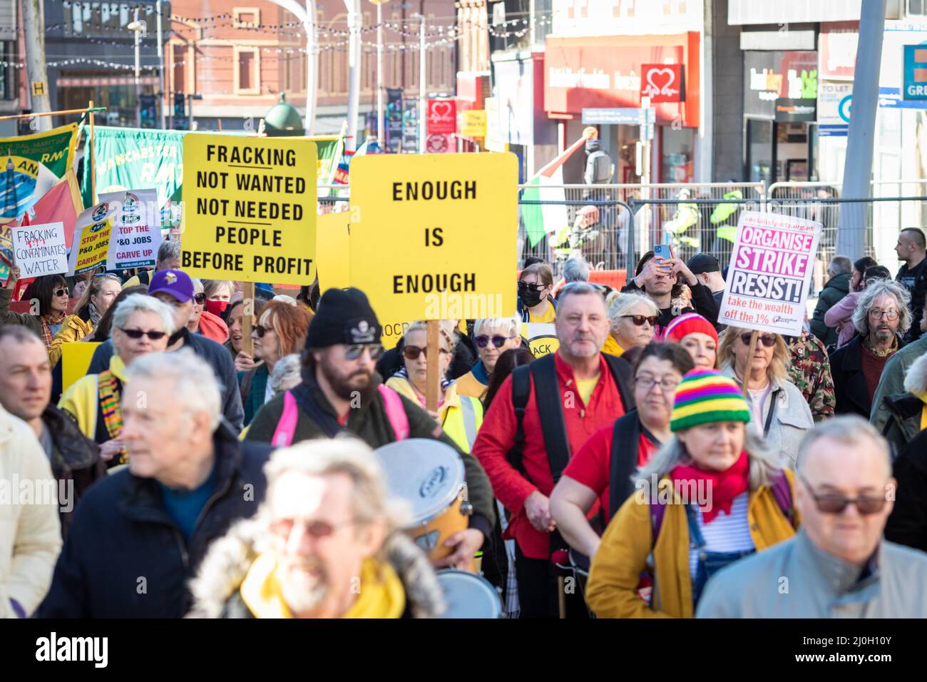 Blackpool, UK. 19th Mar, 2022. Hundreds of people march to protest the Spring Tory Party Conference. Locals and Unions join in unity to make sure the MP's hear that they are not wanted in one of the most deprived towns in the country. This comes after the cost of living crisis is set to make this year one of the most difficult in decades. Credit: Andy Barton/Alamy Live News Stock Photo