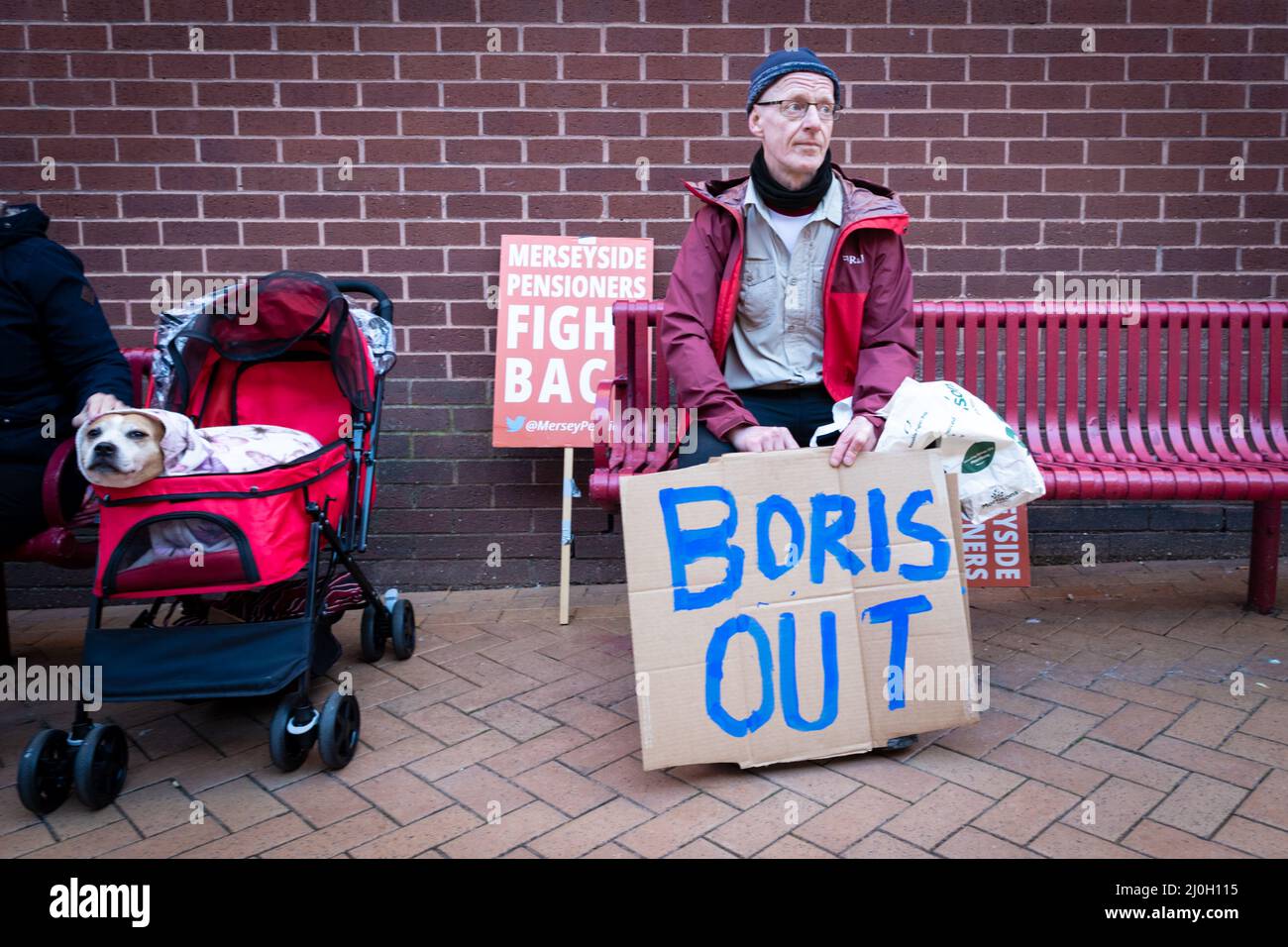 Blackpool, UK. 19th Mar, 2022. A protester with a fracking placard awaits the start of the march against the Spring Tory Party Conference. Locals and Unions join in unity to make sure the MP's hear that they are not wanted in one of the most deprived towns in the country. This comes after the cost of living crisis is set to make this year one of the most difficult in decades. Credit: Andy Barton/Alamy Live News Stock Photo