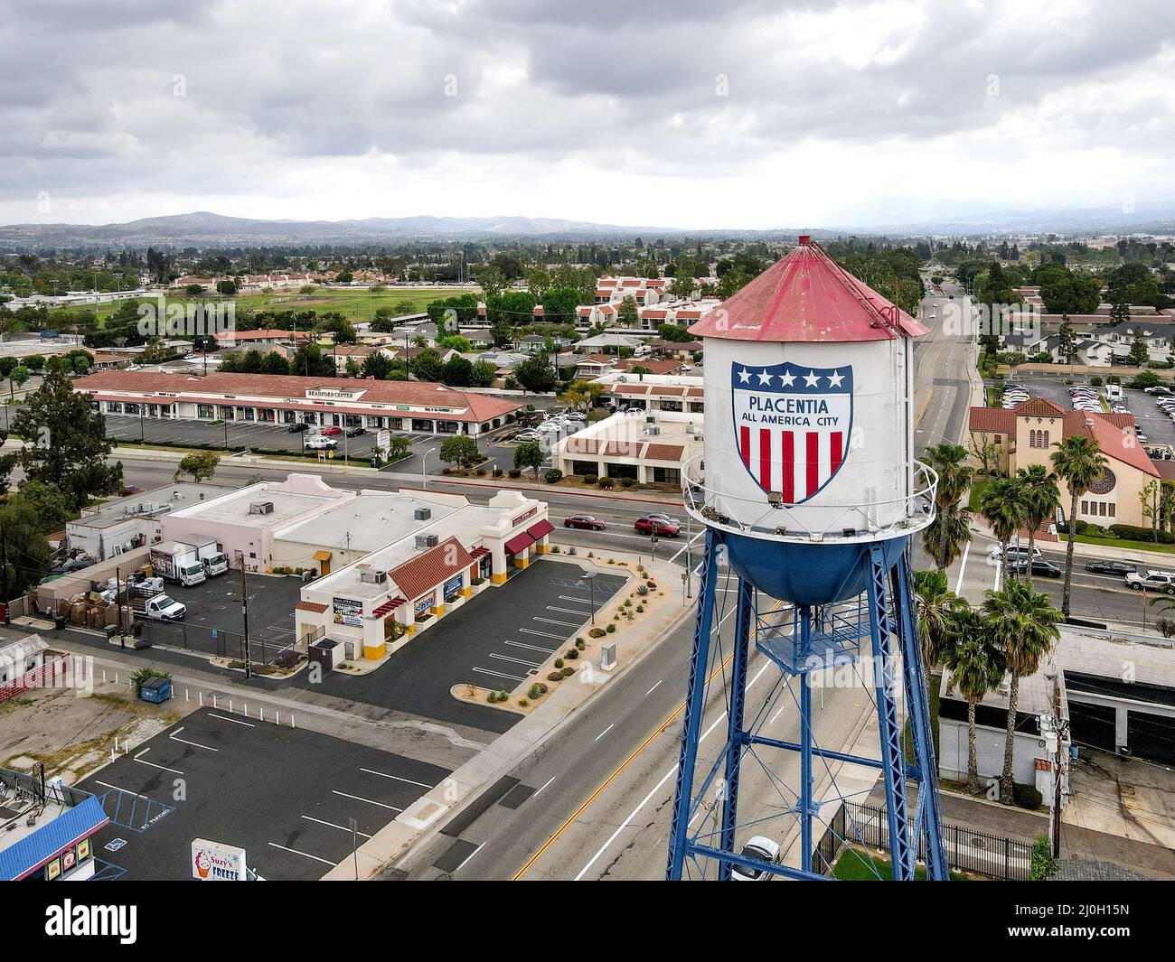 Aerial view of Placentia, city in northern Orange County, California 