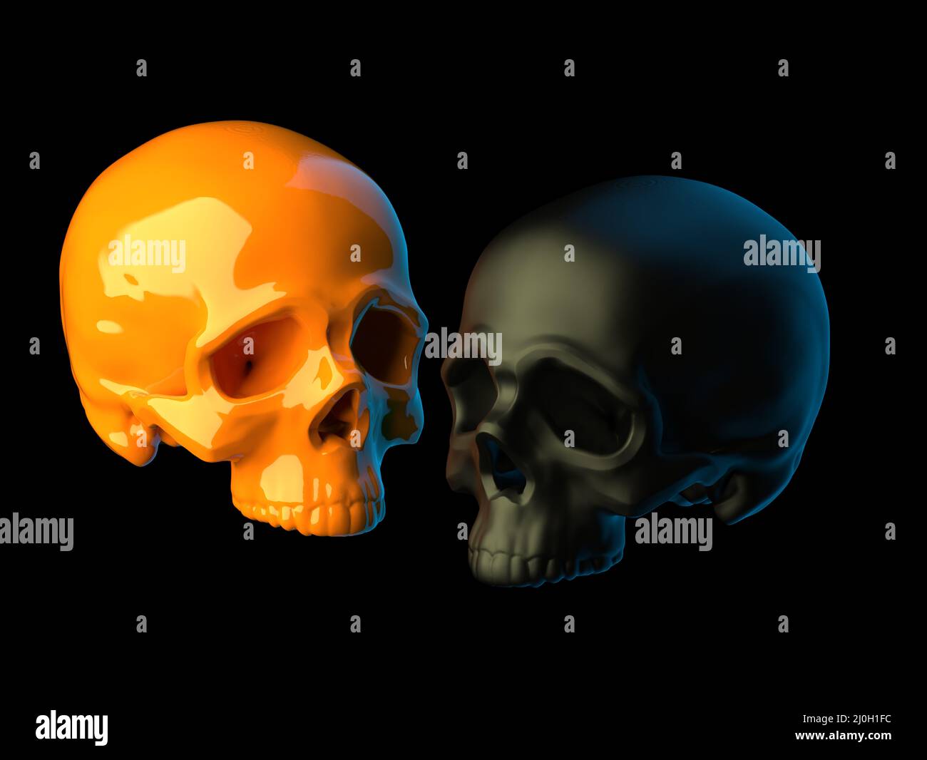 Abstract 2 sculpted orange and black plastic skulls without lower jaws isolated on black background. 3d illustration Stock Photo