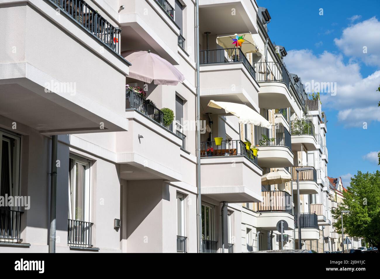 Modern apartment building with balconies seen in Berlin, Germany Stock