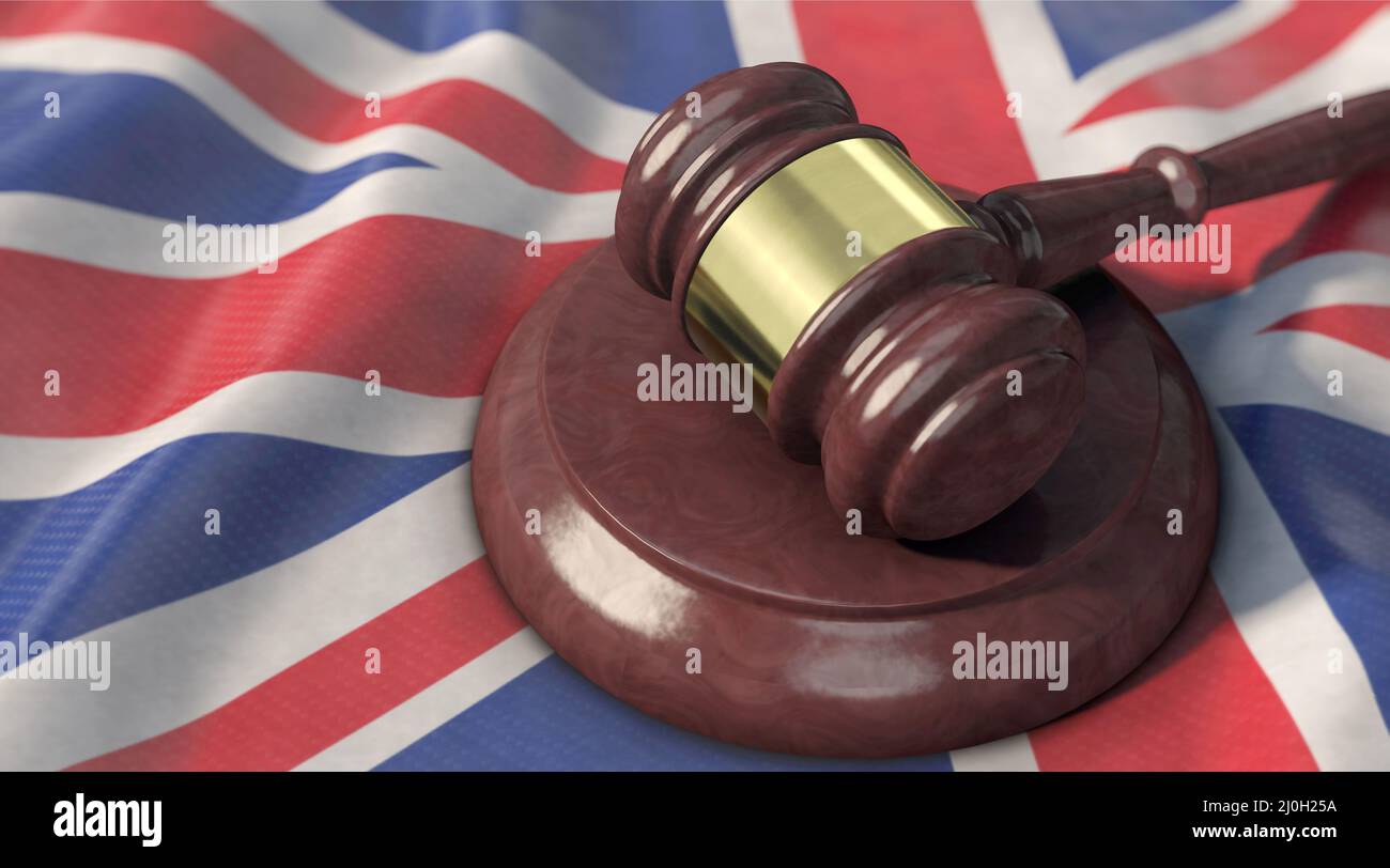 Supreme Court - Judge's gavel lies on the UK flag Stock Photo