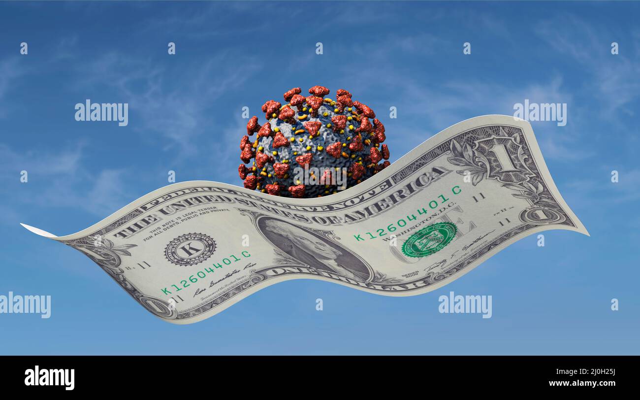 Virus flies on a dollar bill - corona pandemic and follow-up costs Stock Photo