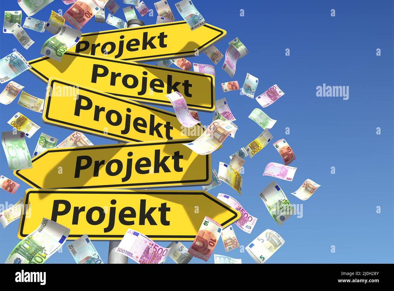 Guide posts with the German word PROJEKT (PROJECT) and falling Euro banknotes Stock Photo