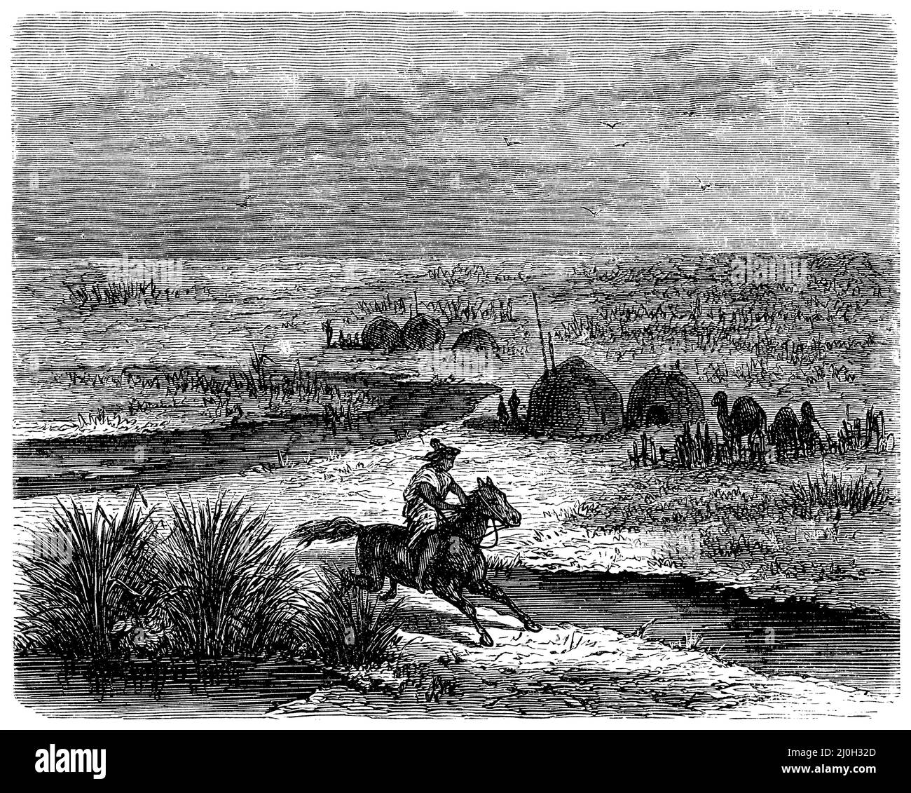 In the Kirghiz steppe, ,  (geography book, 1885), In der Kirgisensteppe, Dans la steppe kirghize Stock Photo