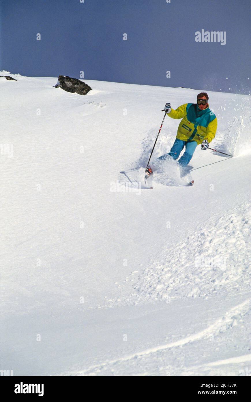 Australia. Young man downhill skiing. Stock Photo