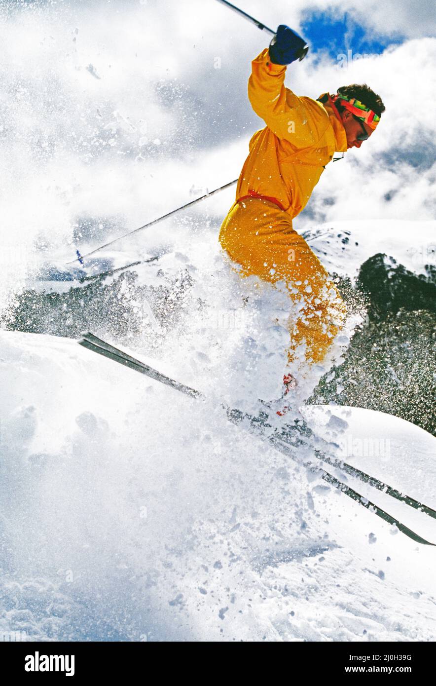 Australia. Snow skiing. Young man downhill skiing. Stock Photo