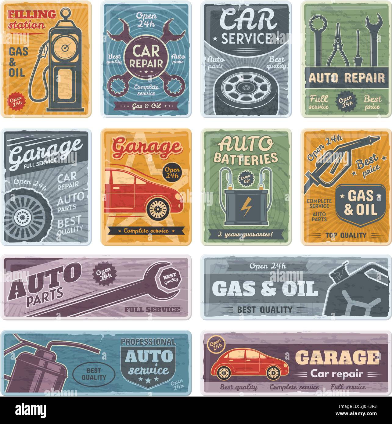 Retro car metal signs, garage, fuel, auto service posters. Gasoline station and repair service signs vector illustration set. Rusty old plates Stock Vector