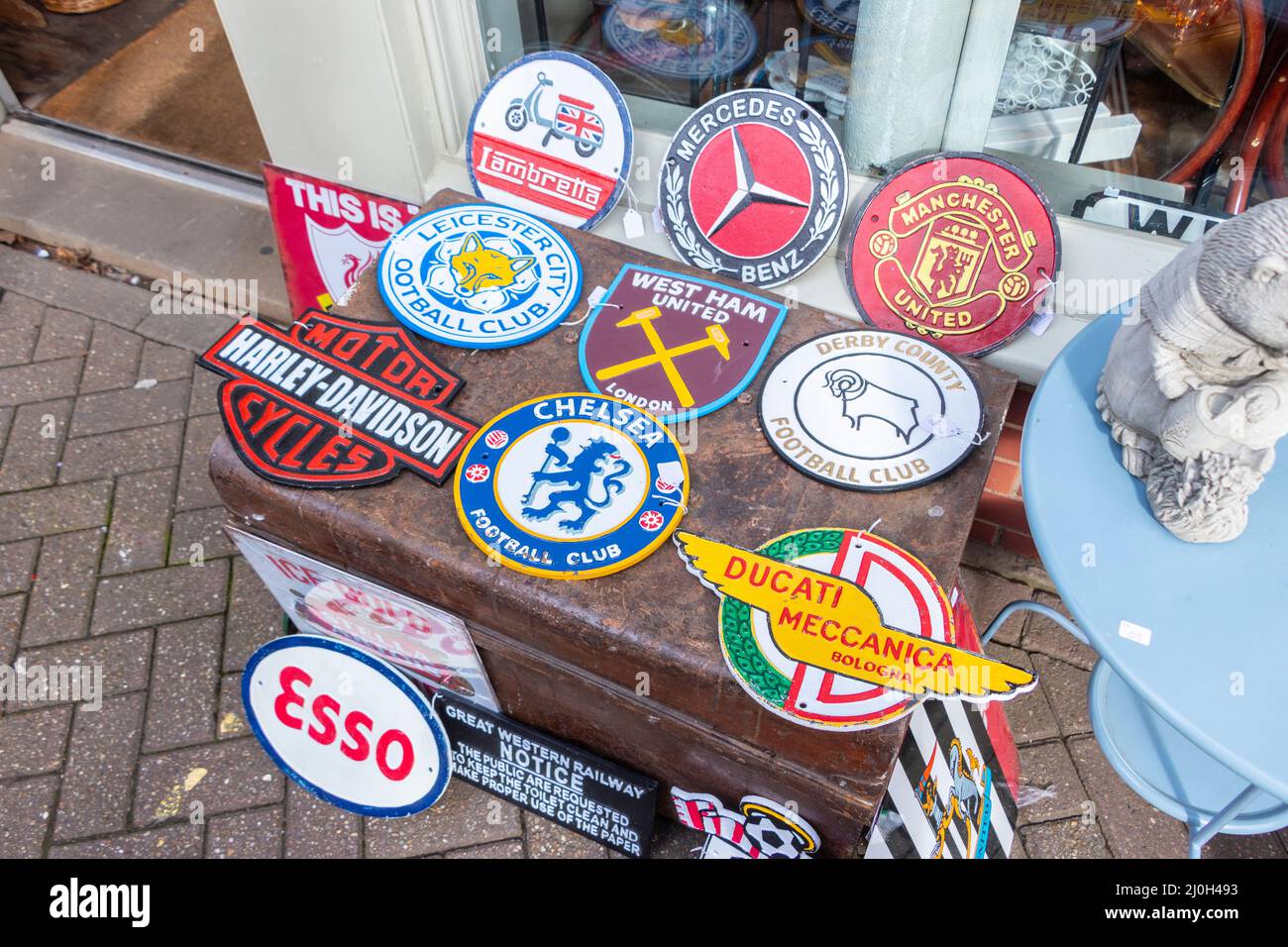 motoring and football ephemera including metal Harley Davidson sign and
