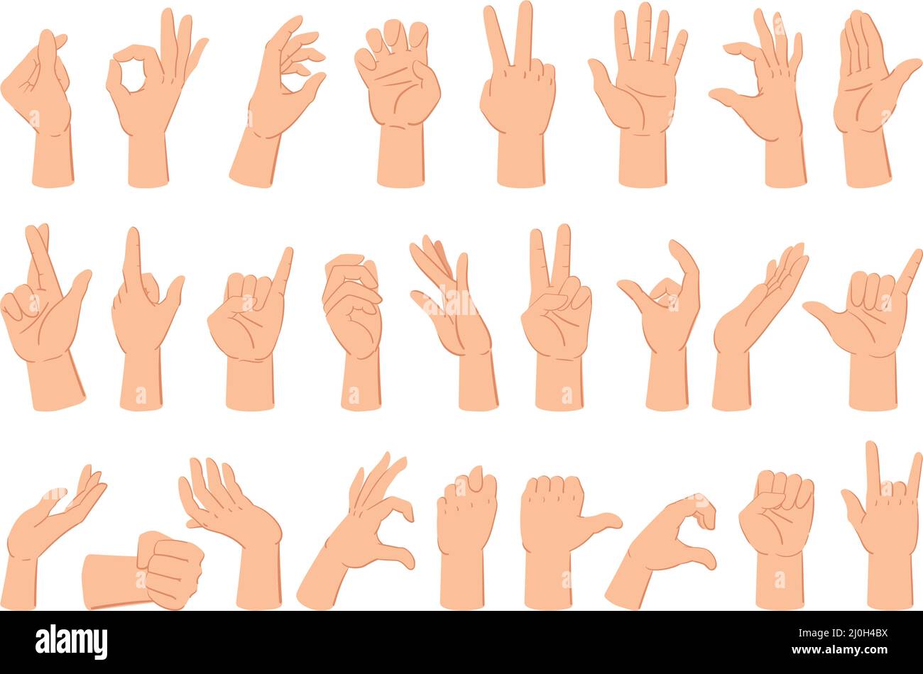Cartoon human hand expression gestures, counting fingers and thumb up. Hand gestures, human arm palm gesture communication vector illustration set Stock Vector