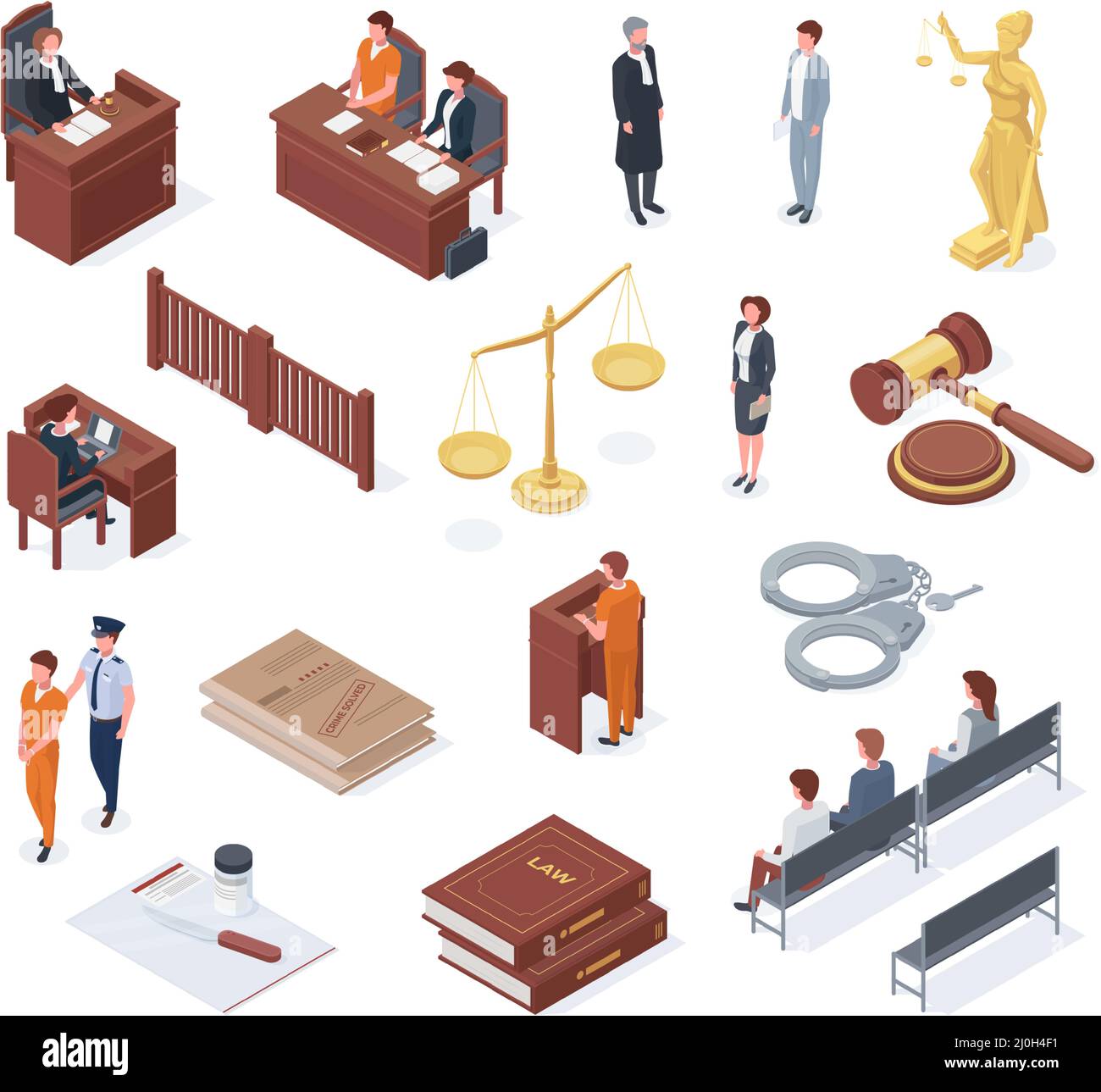 Isometric court, judge, litigation, lawyer, court and jurors. Judiciary pass and acquittal sentence vector illustration set. Justice and jury symbols Stock Vector