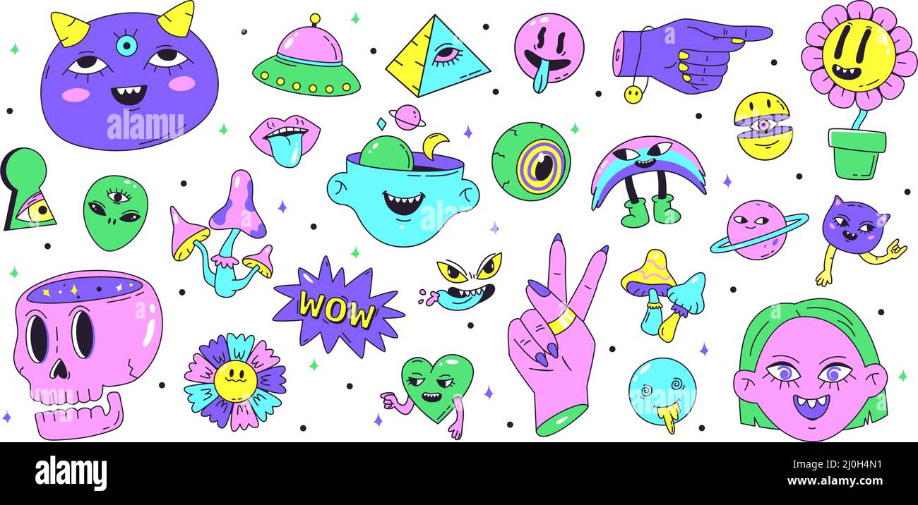 Psychedelic neon retro stickers, crazy abstract hippy symbols. Retro abstract stickers and hallucination elements vector illustration set. Retro Stock Vector