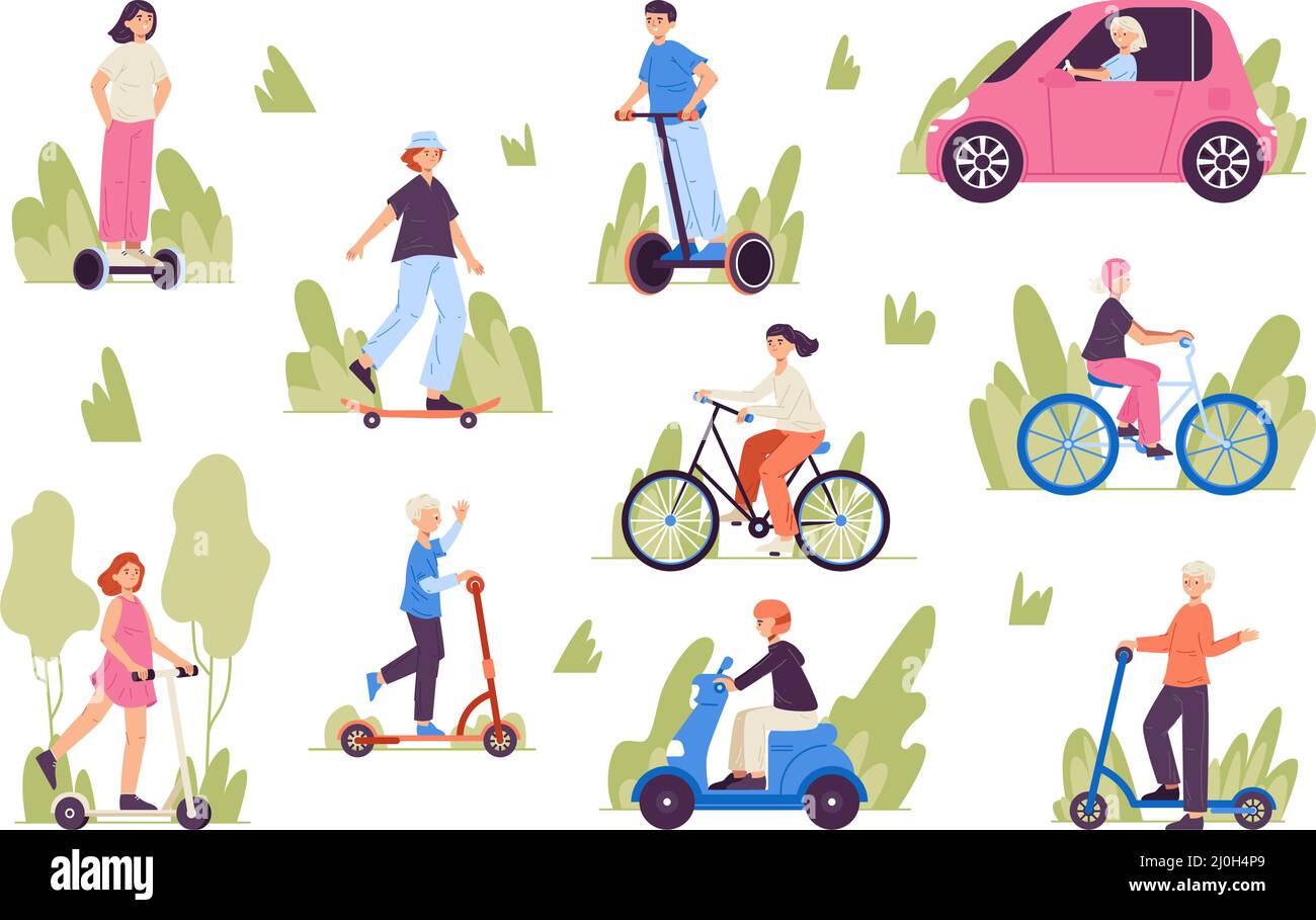 People riding electric transport, bicycle, scooter, electric car. Healthy lifestyle and active recreation characters vector illustration set. Healthy Stock Vector