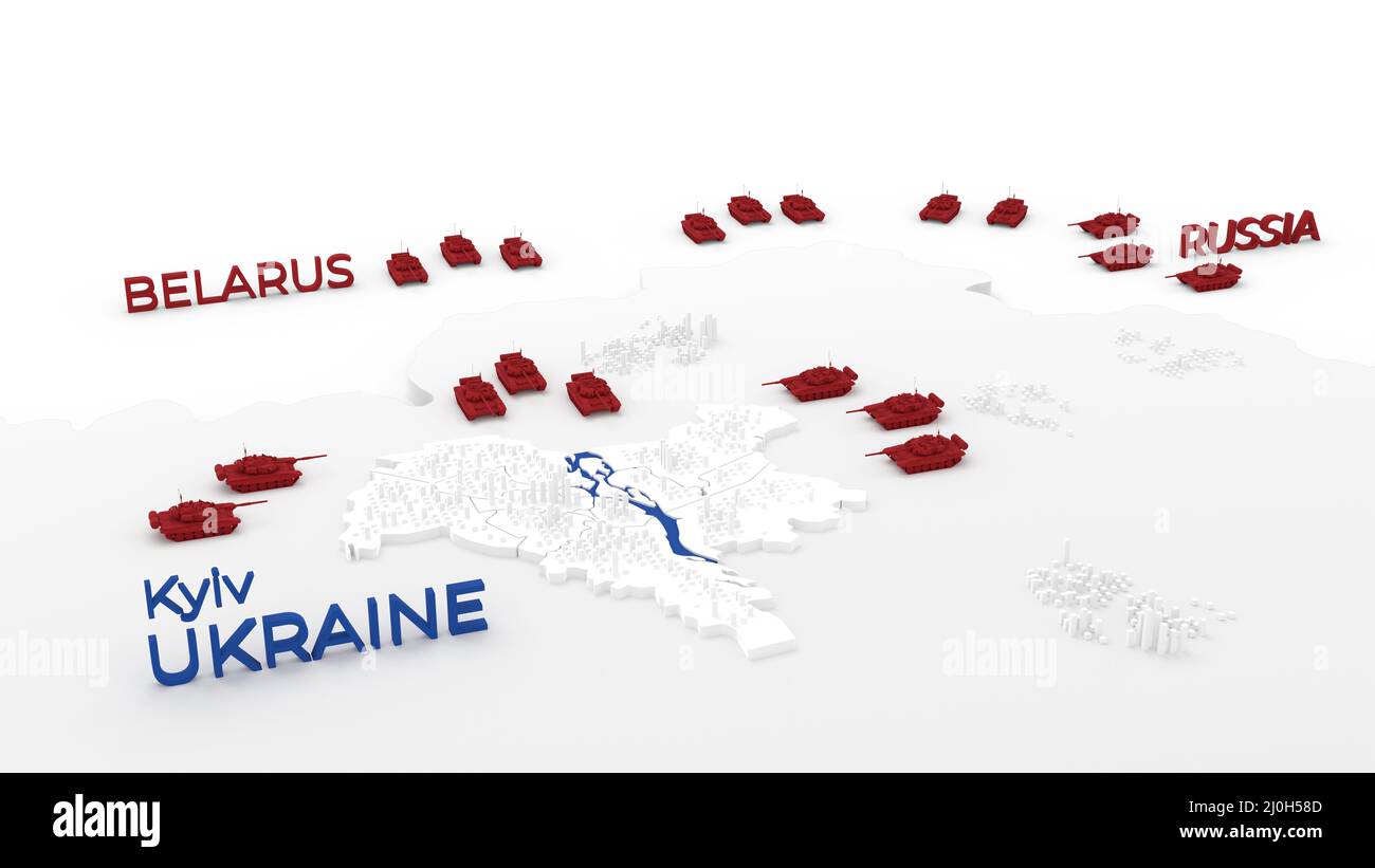 3d stylized schemitic map of Kyiv Kiev capital cyty of Ukraine surrounded with russian tanks Stock Photo