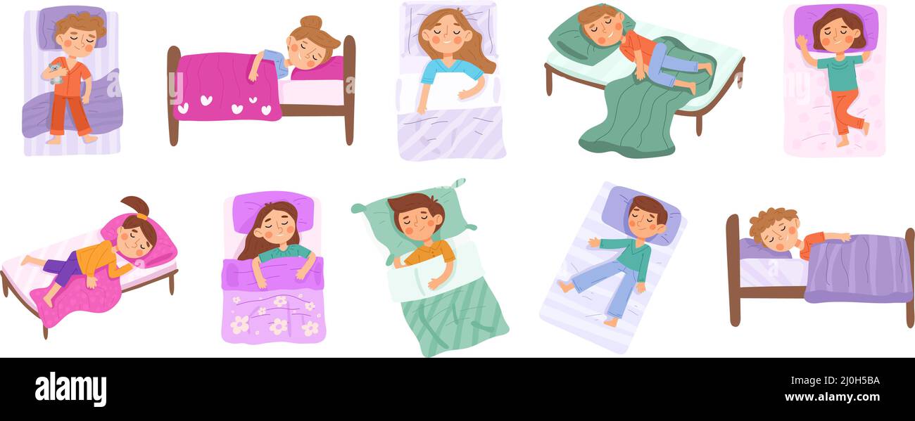 Sleeping kids, baby bedtime, little child napping characters
