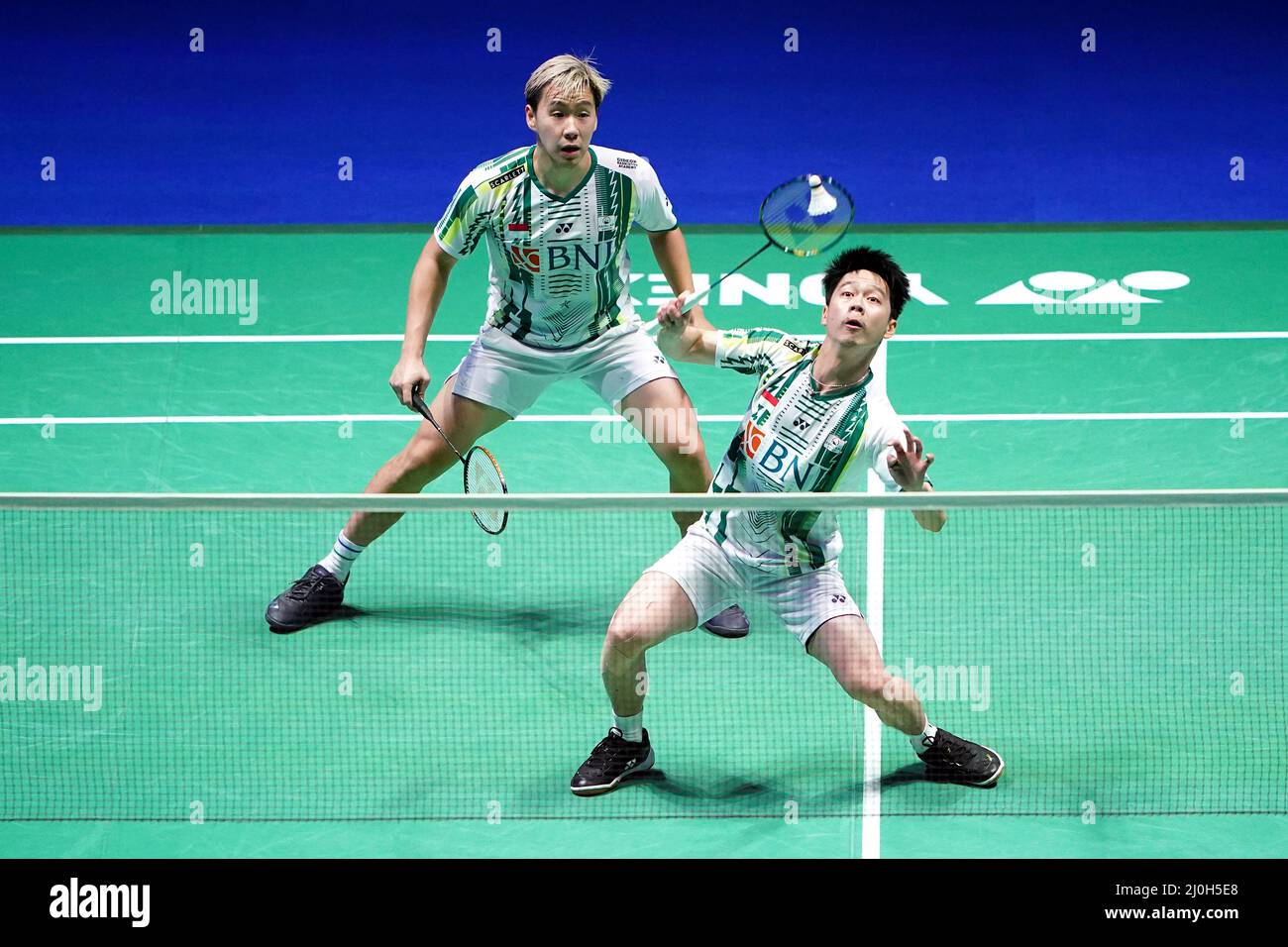 Indonesias Marcus Gideon, right, and Kevin Sanjaya Sukamuljo compete against Britains Ben Lane and Sean Vendy during their mens doubles badminton match at the 2020 Summer Olympics, Saturday, July 24, 2021, in