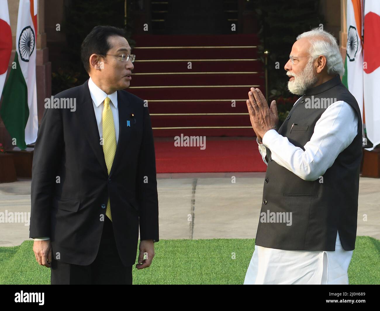 Indian Prime Minister Narendra Modi greets his Japanese counterpart Fumio Kishida before their meeting in New Delhi, Saturday, March 19, 2022. Photo by Sondeep Shankar Stock Photo