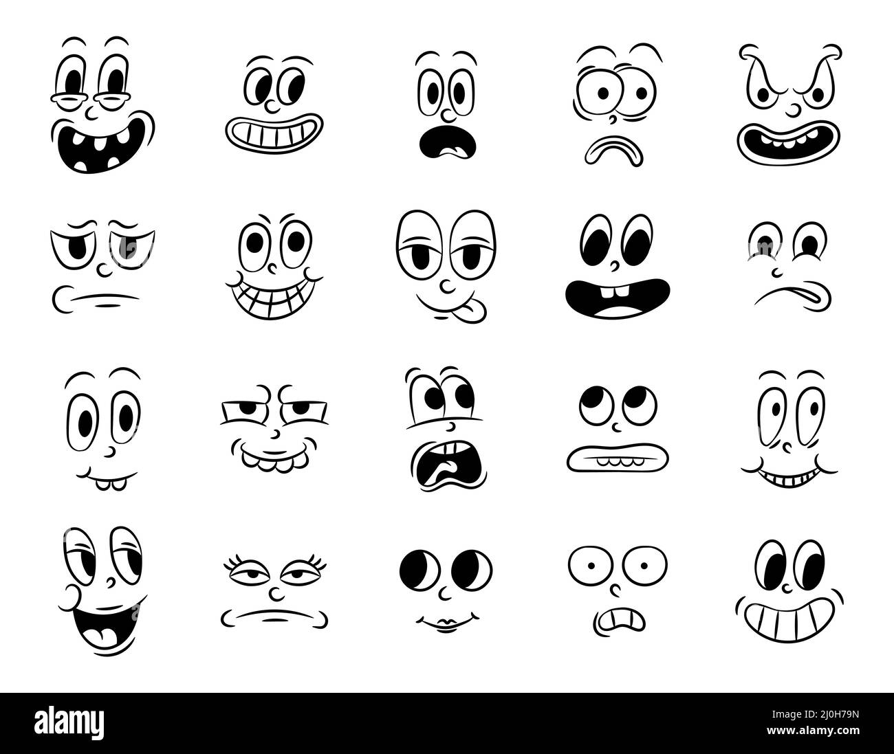 Collection of old retro traditional cartoon animation. Vintage faces of people with different emotions of the 20s 30s. Emoji character expressions 50s Stock Vector