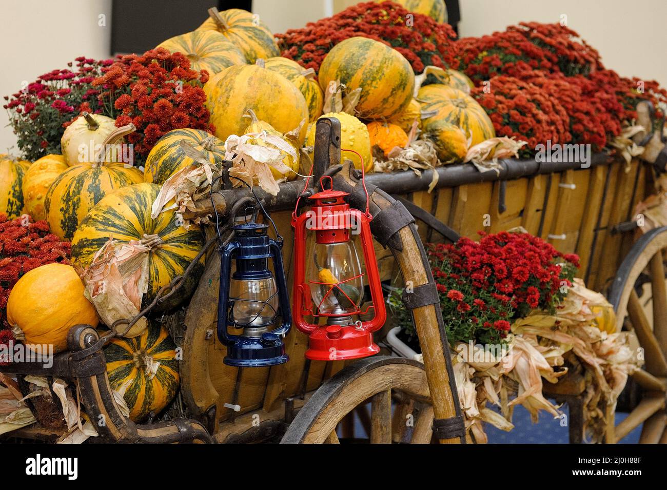 Wheeled wooden cart with freshly picked vegetables and lanterns hanging on it Stock Photo