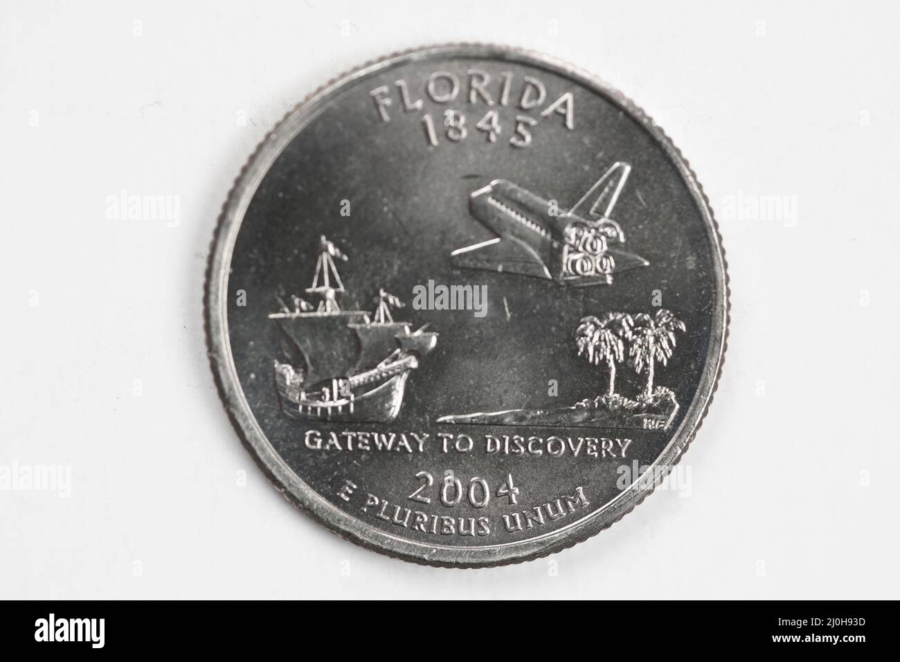A quarter dollar (25 cents) coin with the image of Florida (the Sunshine state), USA. Stock Photo