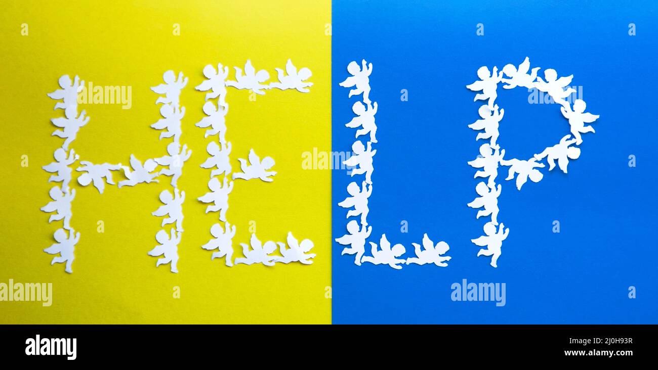 The word Help, made of paper angels on a yellow-blue background in the colors of the Ukrainian flag. Ukrainians want peace. concept of support, assist Stock Photo