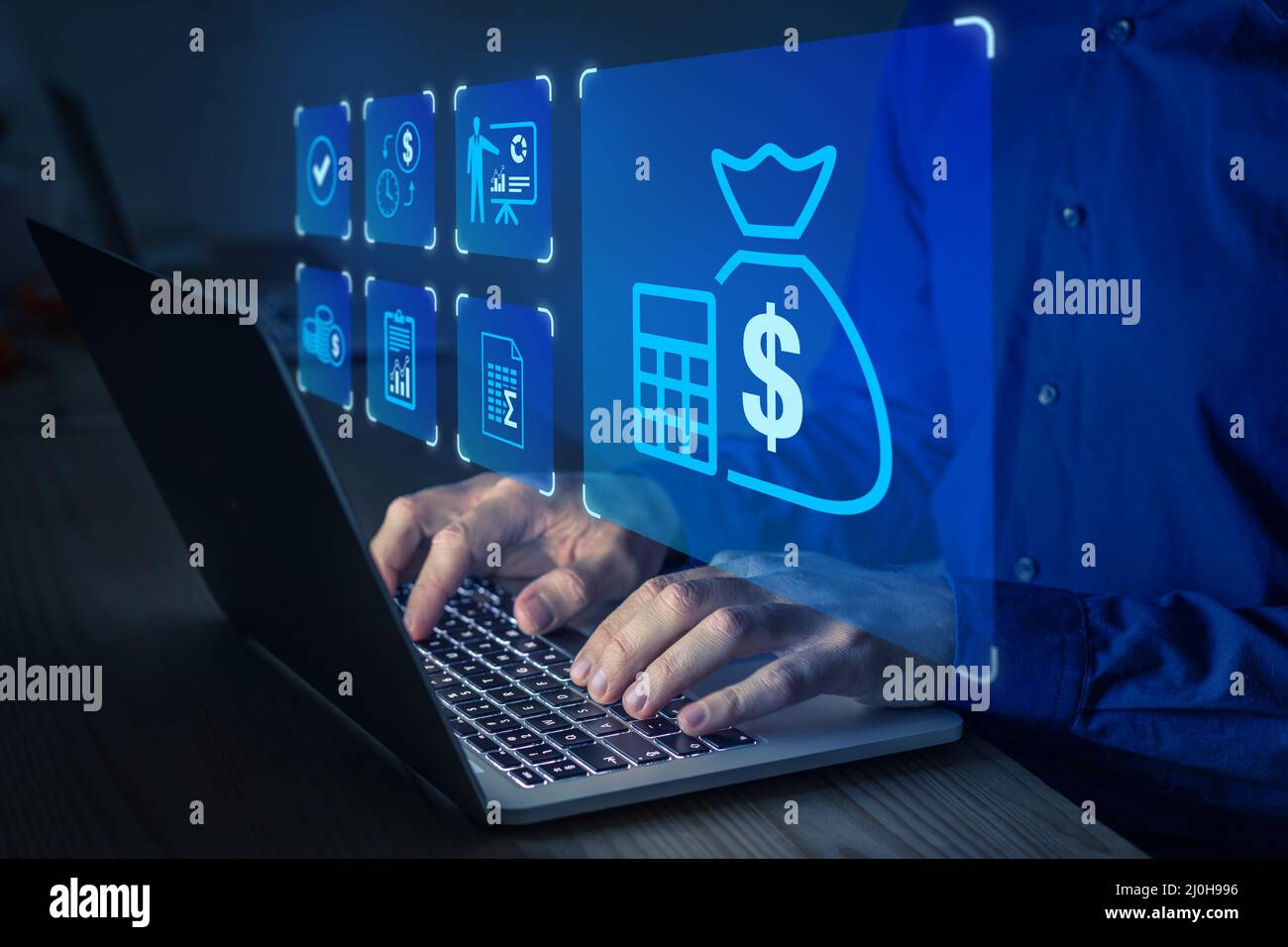 Budget and financial planning concept with accountant working on company's yearly income and expenses forecast on computer. Corporate finance and annu Stock Photo