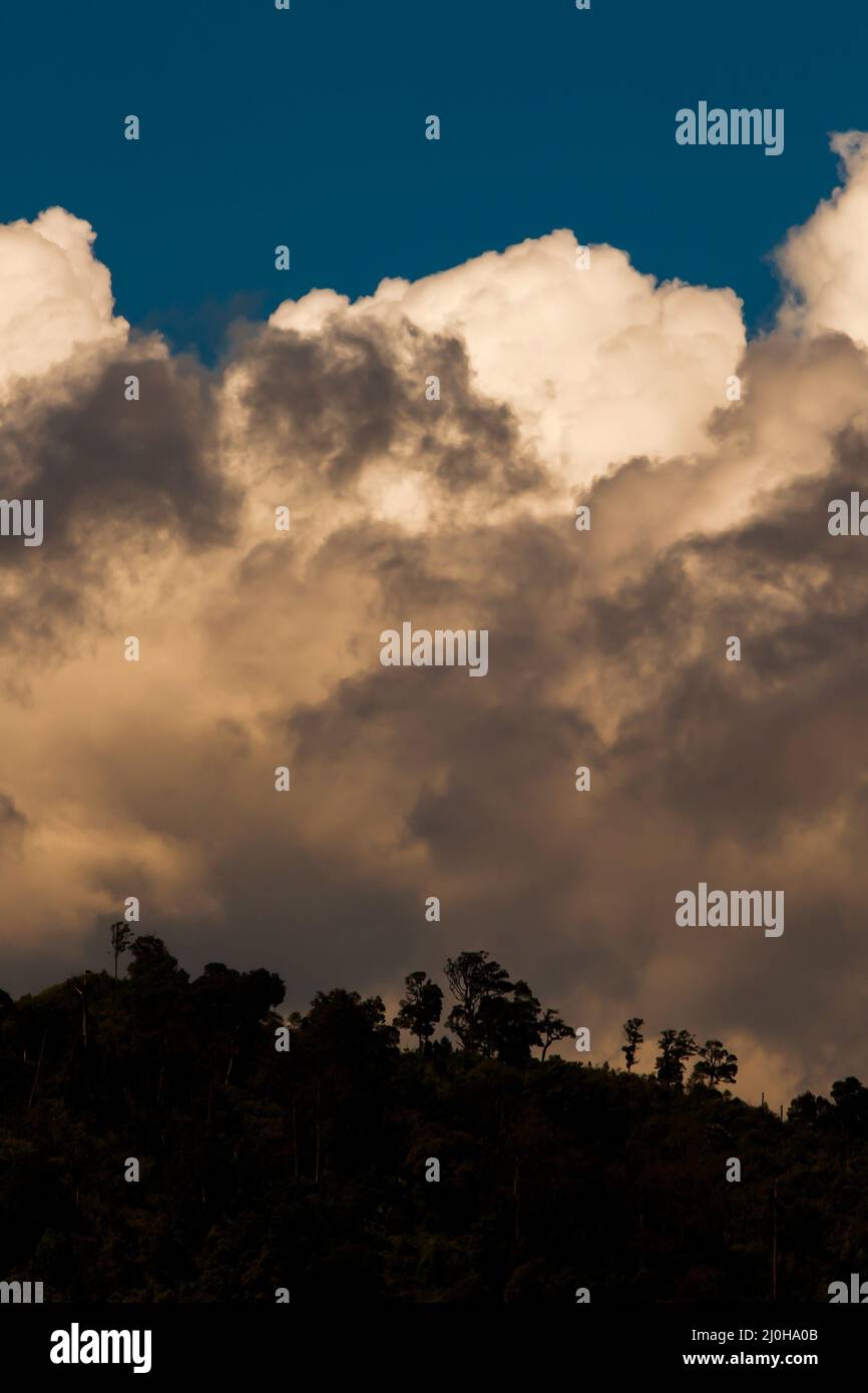 Dramatic rainstorms or thunderclouds over a tropical rainforest. Environment, climate change concepts. Focus on the clouds. Stock Photo